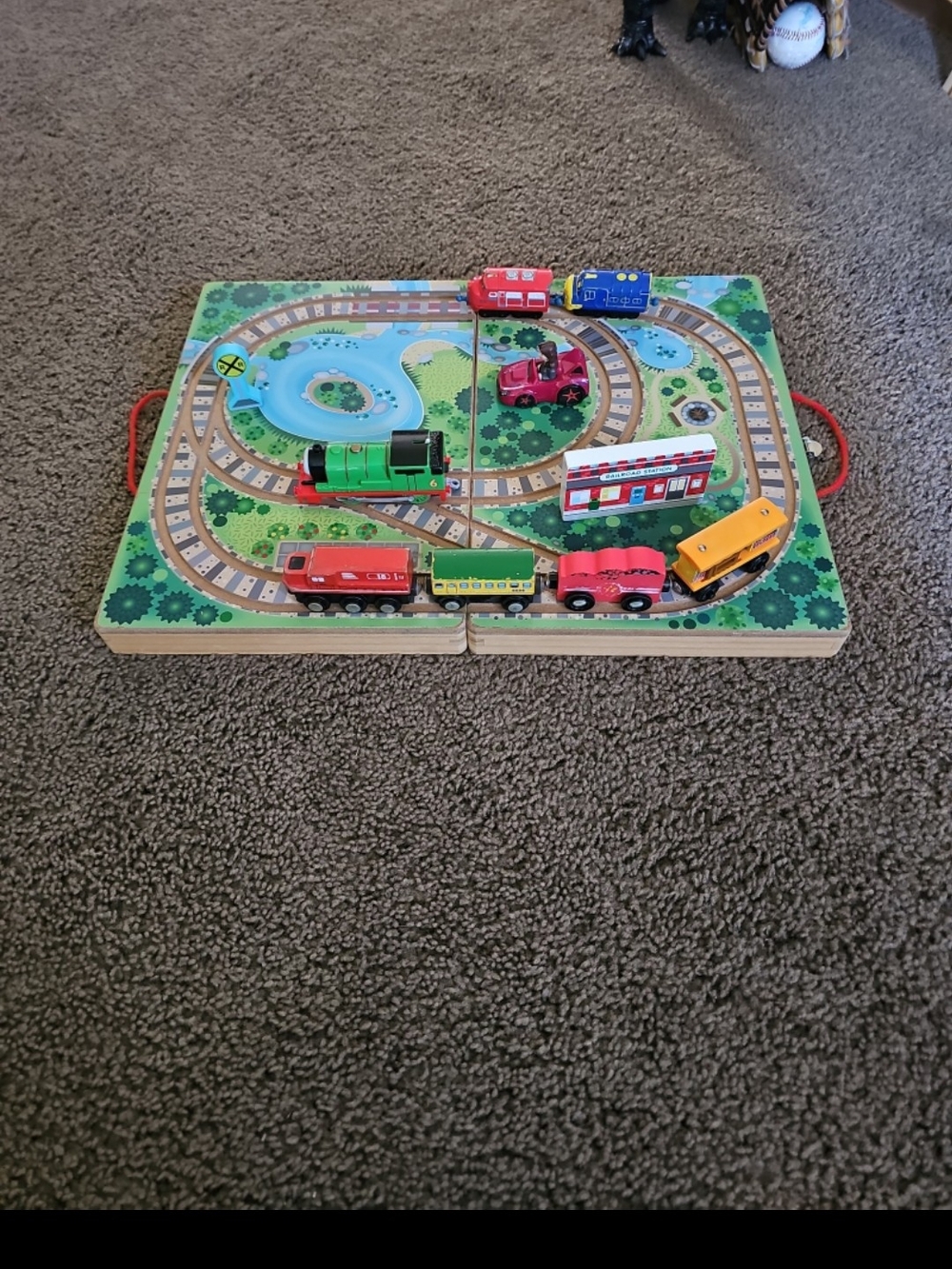 Wooden Train Playset with Red, Green, Blue & Yellow Vehicles - Kids Toys
